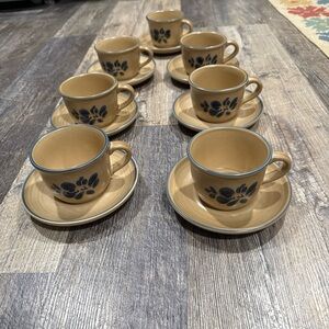 Pfaltzgraff Tan and Blue Floral Coffee/Tea Stonware Cups and Saucers Set- 7